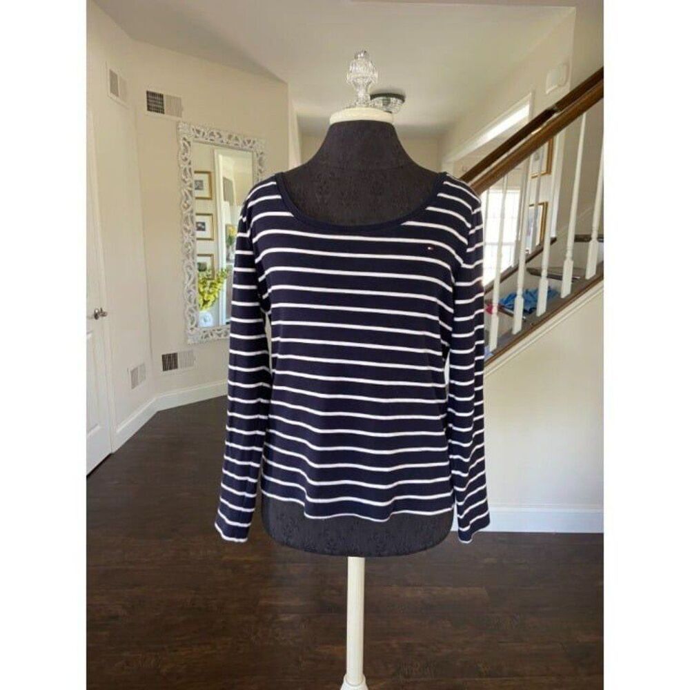 Women's Tommy Hilfiger Blue and White Stripped Long Sleeve Shirt (Large)